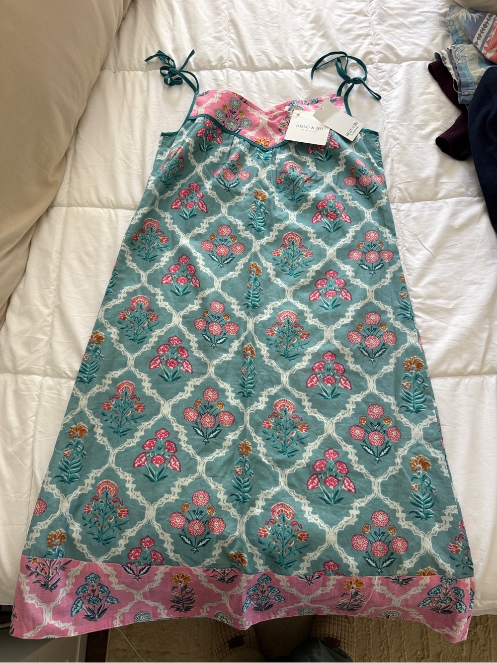 Isaac Mizrahi Teal Floral Tie-Shoulder Nightgown with Pink Trim